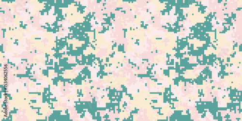 Abstract pixelated camouflage pattern in pastel pink, beige, and teal.  Perfect for fashion, textile design, or digital backgrounds. Evokes a sense of modern, understated style and subtle concealment.