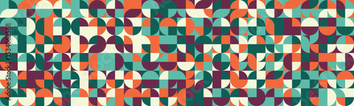 Vibrant geometric pattern featuring a captivating blend of circles and squares in a retro style.