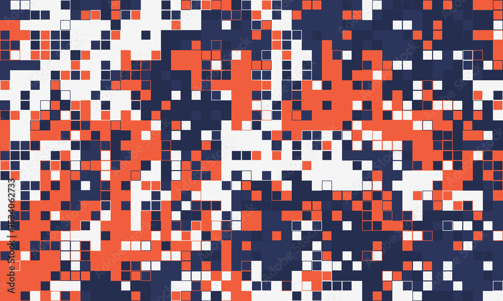 Fototapeta premium Abstract pixel art background. Vibrant orange, white, and navy blue squares create a dynamic, modern design.