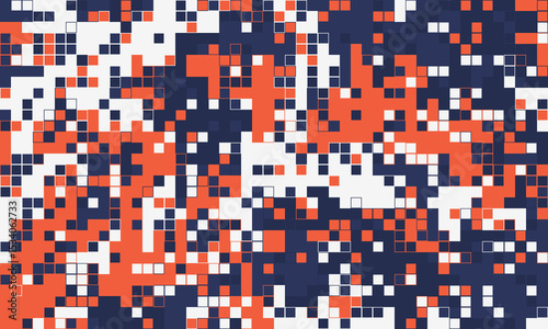 Abstract pixel art background.  Vibrant orange, white, and navy blue squares create a dynamic, modern design.