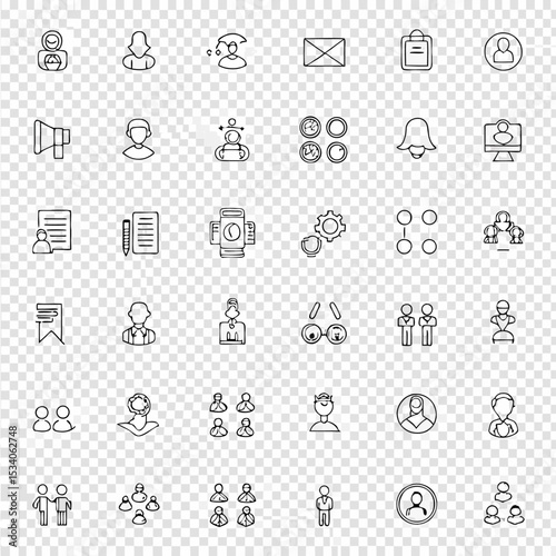 Illustration of various outline icons representing people, communication, and business elements in black