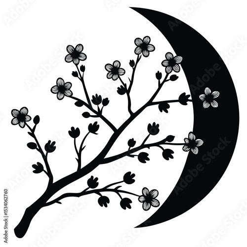 Elegant Crescent Moon and Cherry Blossom Branch Silhouette A Dark Floral Design