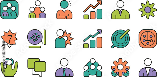 A collection of business and management icons representing teamwork and strategic planning elements