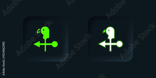 Green Rooster weather vane icon isolated on black background. Weathercock sign. Windvane rooster. Black square button. Vector