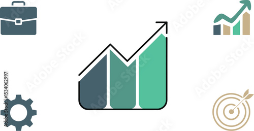 Illustration of business icons including a briefcase, gear, graph, and target on a light background