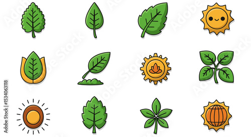 Vibrant leaves and cheerful suns nature icons spring summer design elements