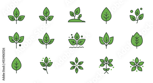 Lush green leaves nature icons set vibrant ecology design