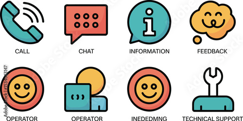 Illustration of customer service icons including call chat information feedback and technical support