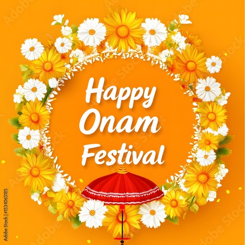Happy Onam Festival Floral Wreath Greeting Card Design