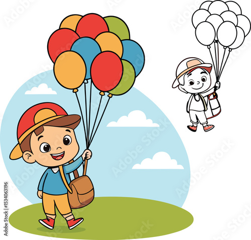 Happy boy flying with colorful balloons cartoon illustration