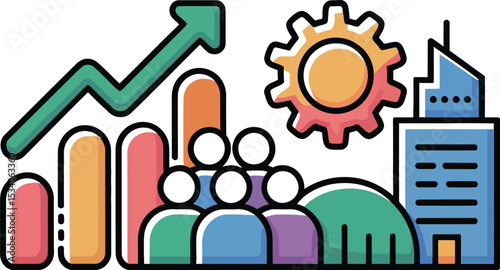 Illustration showing business growth with graph, gear, team, and building on a white background