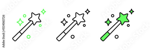 Set line Magic wand icon isolated on white background. Star shape magic accessory. Magical power. Vector