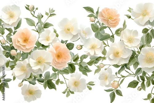 Delicate floral arrangement of peach and cream roses.