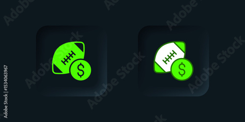 Green American football betting money icon isolated on black background. Football bet bookmaker. Soccer betting online make money. Black square button. Vector
