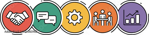 Five colorful circles displaying business icons representing partnership, strategy and growth phases