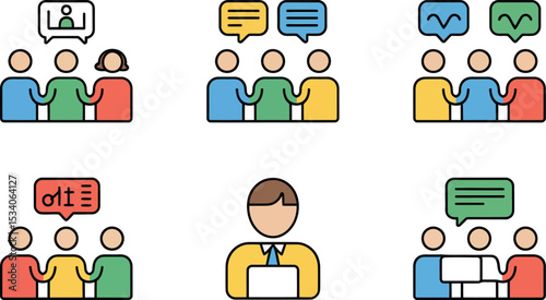 Illustration featuring groups of people communicating with speech bubbles and a single individual
