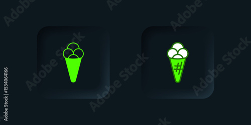 Green Ice cream in waffle cone icon isolated on black background. Sweet symbol. Black square button. Vector