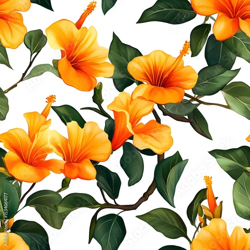 Orange hibiscus flowers and leaves repeating pattern.