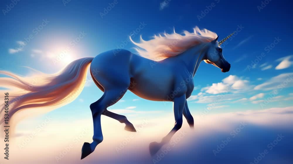 magical unicorn walks on a cloud with a clear sky in the background