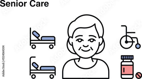 Illustration of senior care icons featuring elderly woman beds wheelchair and medication bottle on beige background