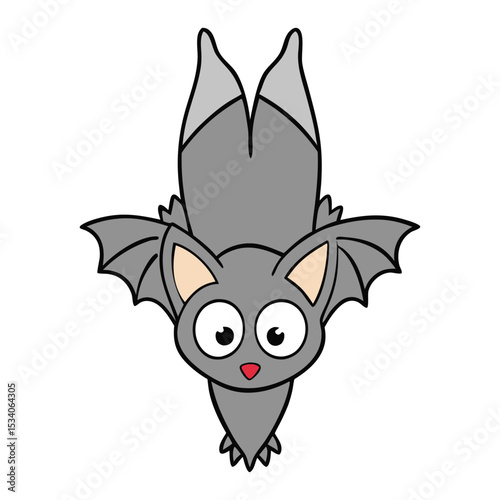A cute grey bat hangs upside down, smiling with big eyes and tiny wings folded close, bringing a fun and quirky vibe to the night in a playful, charming way.
