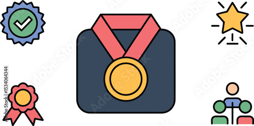 A collection of achievement icons including a medal, ribbon, star, checkmark, and team icon set