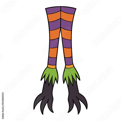 Witch’s legs dangle playfully, clad in striped stockings and pointy black shoes with curled toes, casting spooky Halloween vibes full of charm and mystery.
