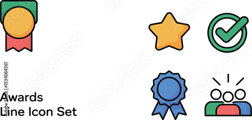 Illustration of awards line icon set with ribbon medal star checkmark and teamwork on a white background