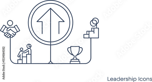 A graphic illustration of leadership icons including handshake, growth, and trophy on a light background