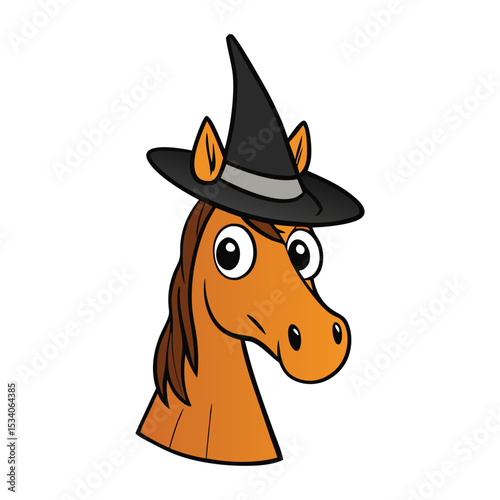 A charming horse trots proudly wearing a black witch hat, blending spooky style with countryside charm—perfect for a magical Halloween ride through the moonlit fields.
