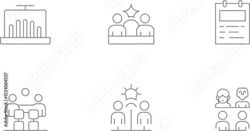 Collection of six event planning icons showing different aspects of event management and organization