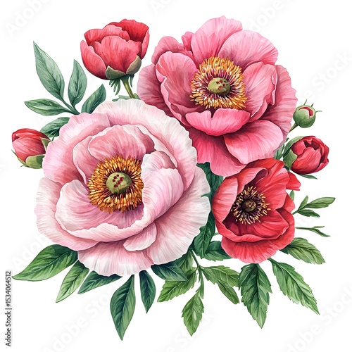 Delicate bouquet of vibrant peonies in shades of pink and red.