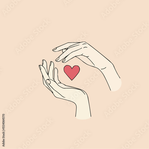 Hands holding a heart symbol in minimal style on a pastel background  