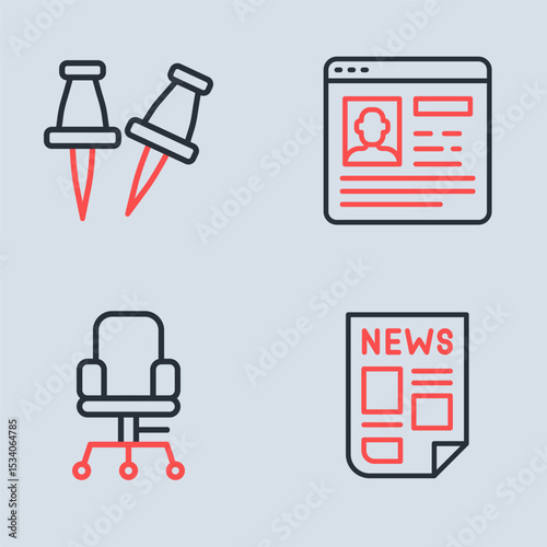 Set line Resume, Office chair, News and Push pin icon. Vector