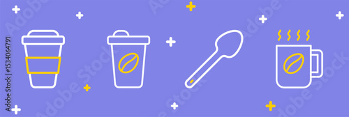 Set line Coffee cup, Teaspoon, to go and icon. Vector