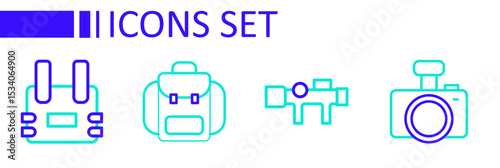 Set line Photo camera, Sniper optical sight, Hiking backpack and Bulletproof vest icon. Vector