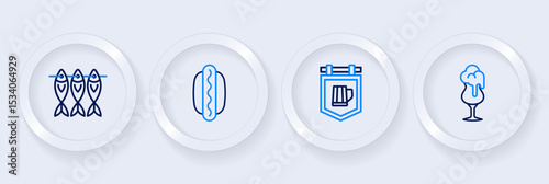 Set line Glass of beer, Street signboard with, Hotdog sandwich and Dried fish icon. Vector