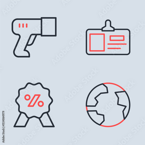 Set line Identification badge, Discount percent tag, Worldwide and Scanner scanning bar code icon. Vector