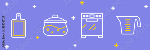 Set line Measuring cup, Oven, Cooking pot and Cutting board icon. Vector