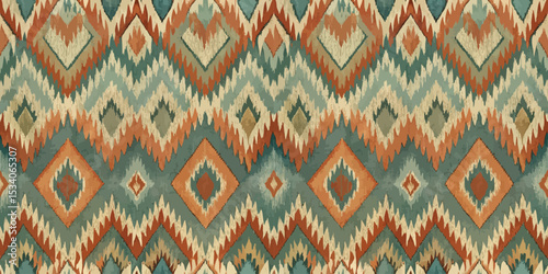Stylized geometric pattern in earthy tones and vibrant colors.