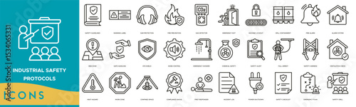 Industrial Safety Protocols icon set. Safety Guidelines, Warning Label, Ear Protection, Fire Prevention, Gas Detector, Emergency Exit and Machine Lockout