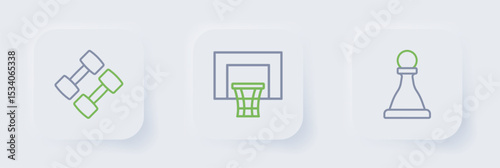 Set line Chess, Basketball backboard and Dumbbell icon. Vector