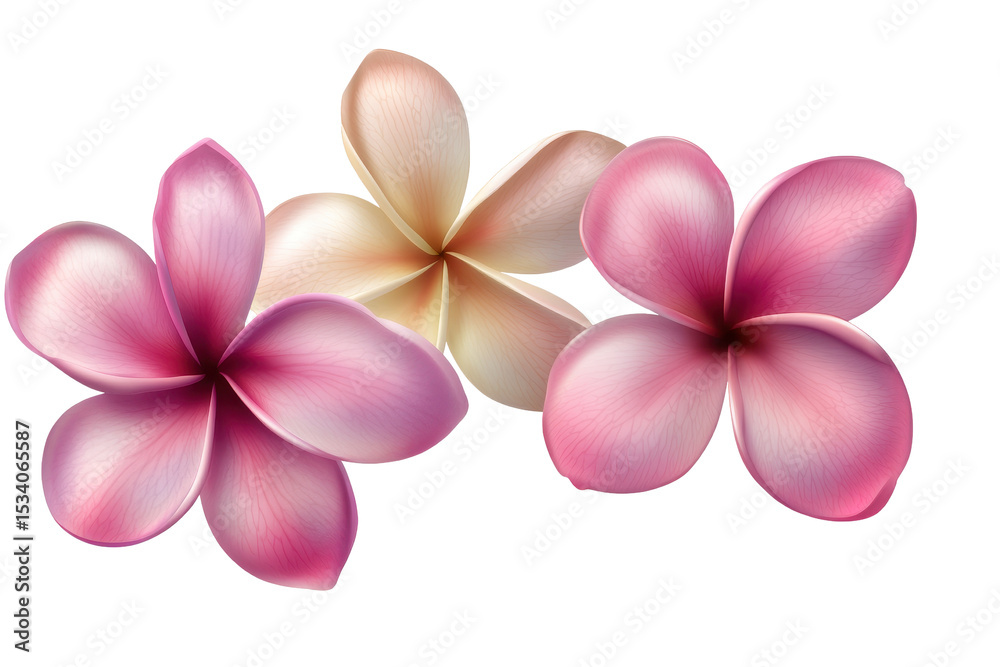 Obraz premium Frangipani plumeria flower cluster showcasing vibrant pink and creamy petals set against a transparent background