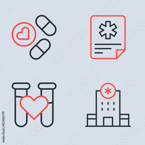 Set line Patient record, Test tube with blood, Hospital building and Medicine pill tablet icon. Vector