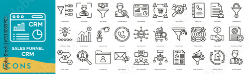 Sales Funnel & CRM icon set. Funnel Stages, Lead Capture, Deal Pipeline, Customer Insights, CRM Dashboard, Sales Flow, Lead Tracking and Contact List