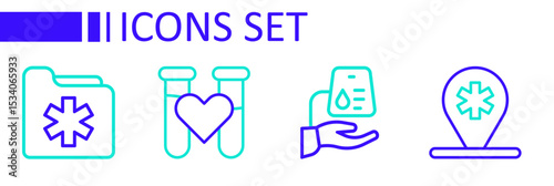 Set line Location hospital, Blood donation, Test tube with blood and Medical health record folder icon. Vector