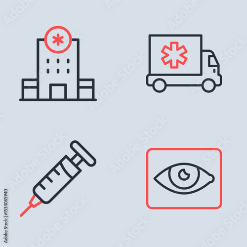 Set line Ambulance car, Syringe, Red eye effect and Hospital building icon. Vector