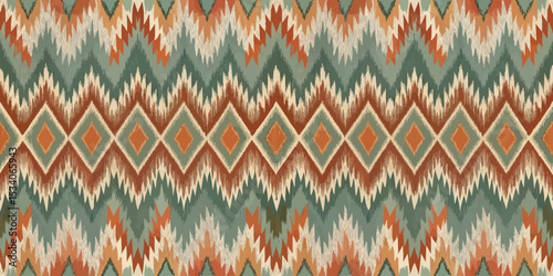 Colorful zigzag pattern with earthy tones and geometric shapes.