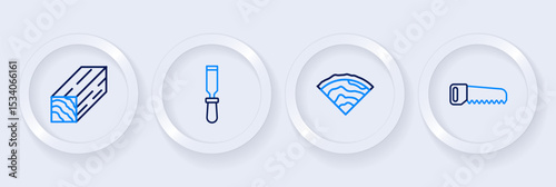 Set line Hand saw, Wooden beam, Chisel tool and icon. Vector