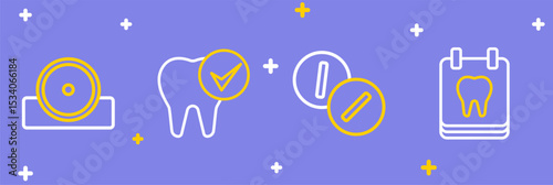 Set line Calendar with tooth, Toothache painkiller tablet, and Otolaryngological head reflector icon. Vector